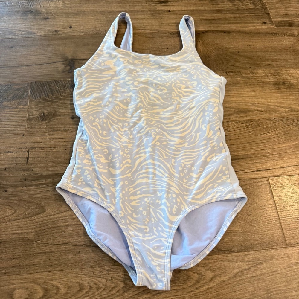 Athleta Girl Vitamin Sea One Piece Swimsuit Blue Zebra Print XL 14